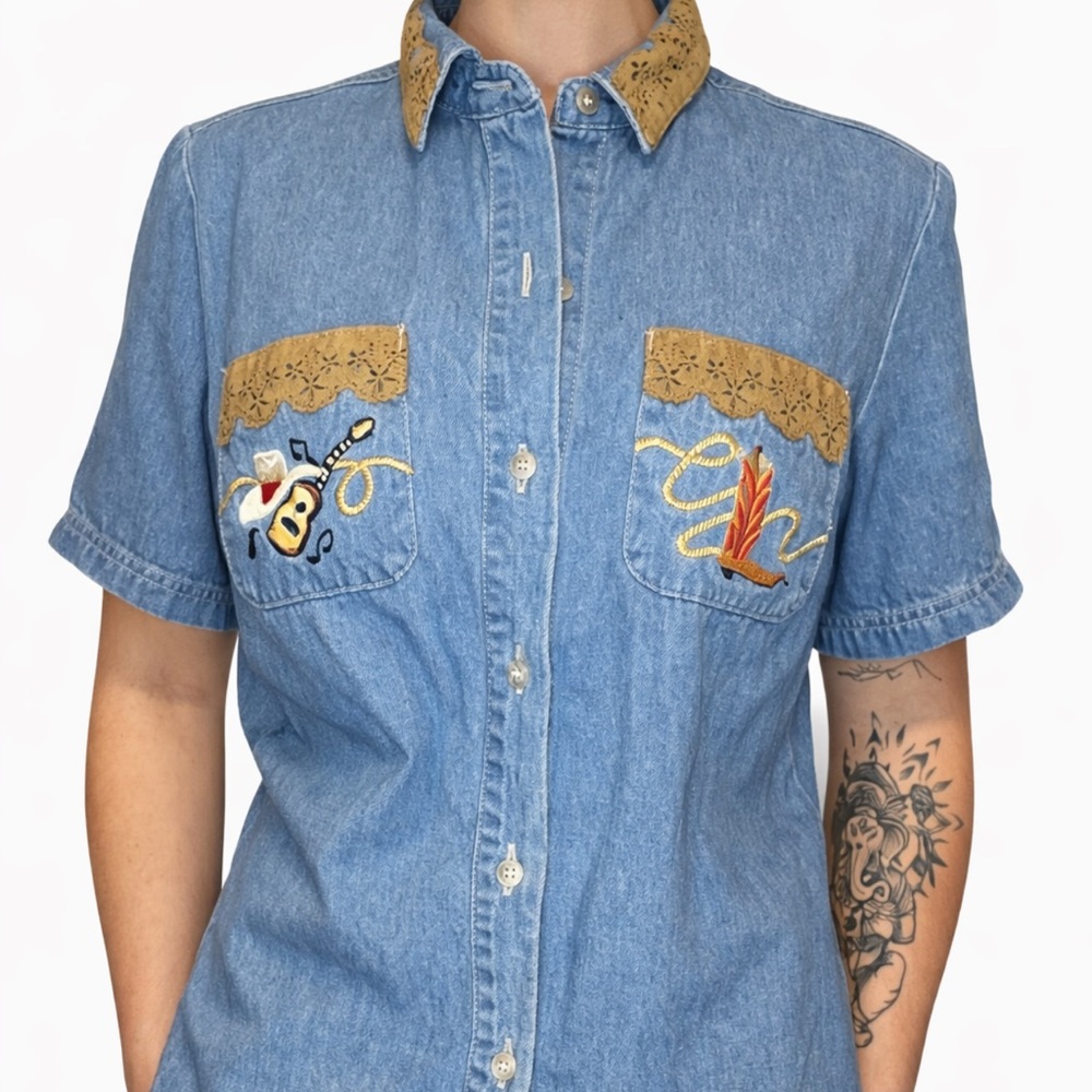 Western Embroidered Denim Button-Up Shirt — Blue with Tan Accents size small.